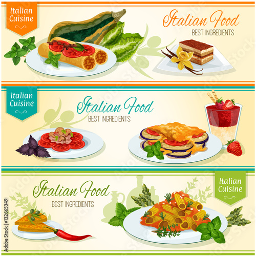 Italian cuisine popular lunch dishes banner set
