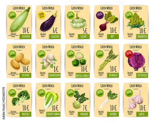 Organic vegetable price tag or label set design