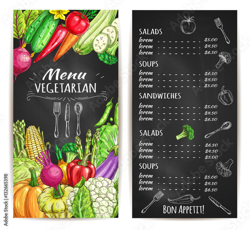 Vegetarian restaurant menu chalkboard with veggies