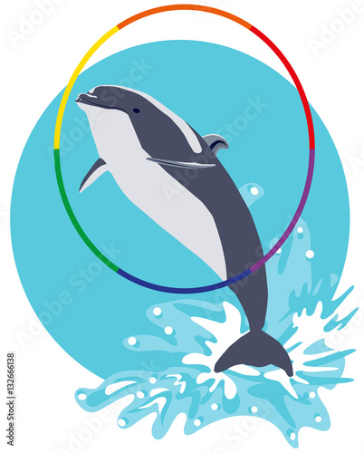 Dolphin jumping out of water through hoop vector flat illustrati