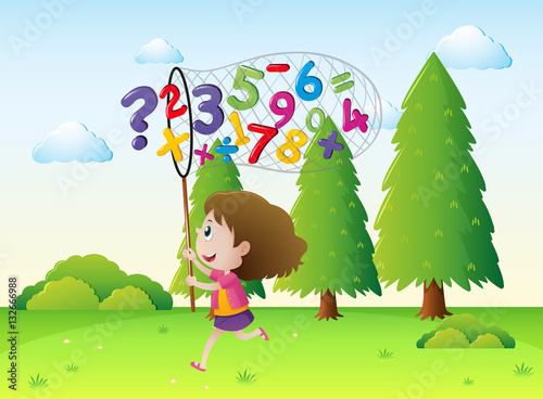 Girl catching numbers and math signs in the park