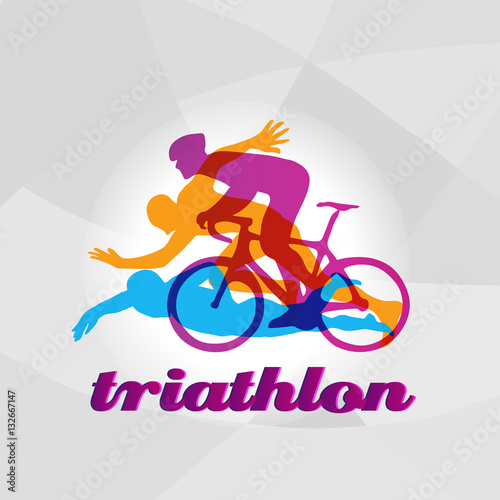 Color flat logo triathlon. Vector figures triathletes