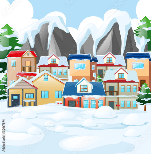 Neighborhood scene with houses covered by snow