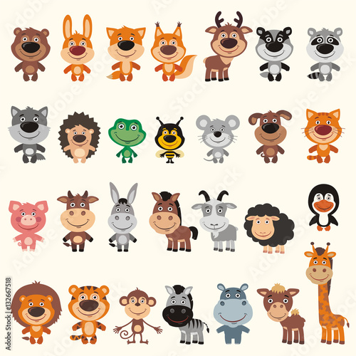 Big set different funny animals. Vector collection isolated animals in cartoon style. 