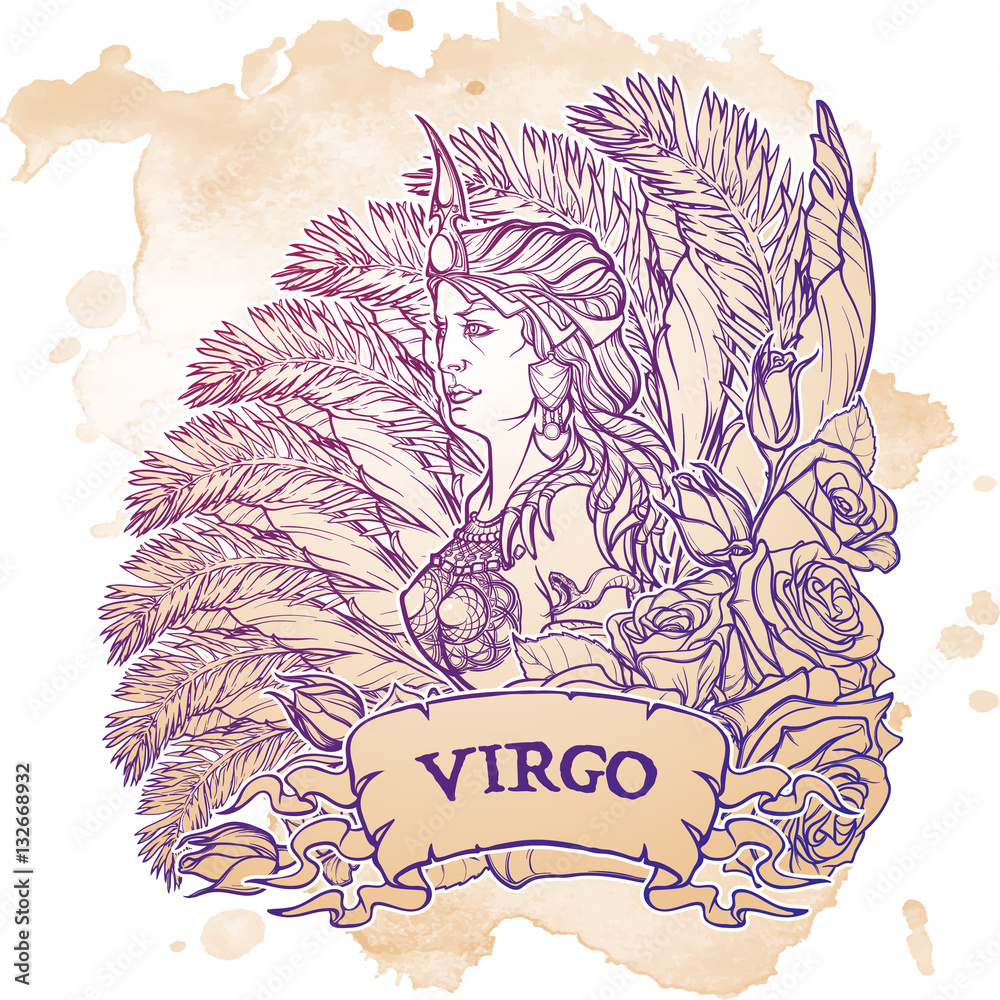 Beautiful woman with a decorative flower frame. Grunge background. Vintage  style. Zodiac Art Nouveau luxury style. Virgo. Tattoo design. EPS10 vector  illustration. Stock Vector | Adobe Stock