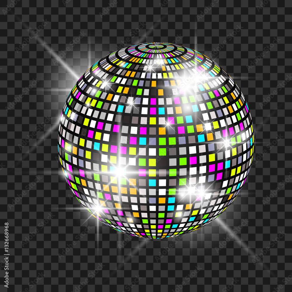 Disco ball with glow. Really transparency effect. Disco background. Template for your design Disco ball with glow. Really transparency effect. Disco background. Template for your design