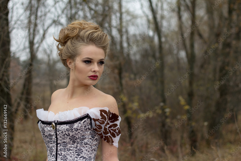 lady in  vintage dress in the forest, professional makeup, hairs