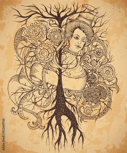Portrait woman in bowler hat with ribbon, tree and gears of clockwork on aged paper background. Vintage hand drawn vector illustration in steampunk style