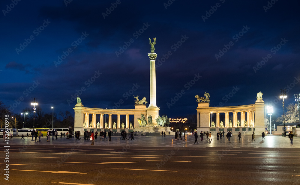 The night iew of Heroes square in Budapest. Hungary