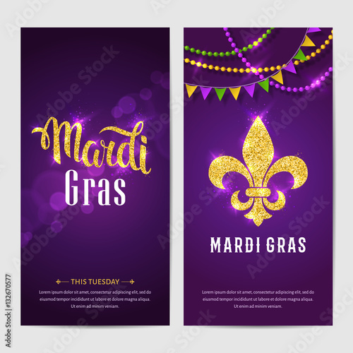Mardi gras brochures. Vector logo with hand drawn lettering and golden fat tuesday symbols. Greeting card with shining beads on traditional colors background.