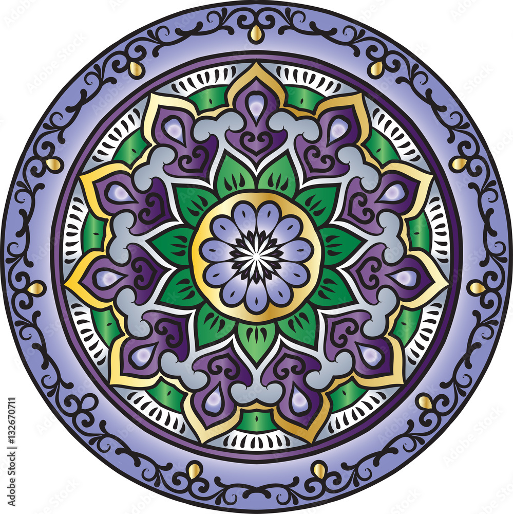 Drawing of a floral mandala in gold, green and violet  colors on a white background. Hand drawn tribal  vector stock illustration