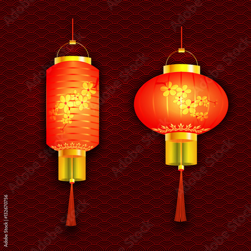A set of orange Chinese lanterns. With cherry pattern. Round and cylindrical shape. The tracery background. illustration