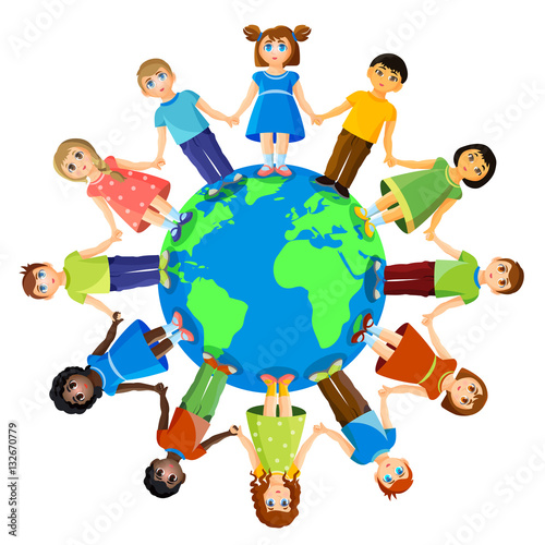 Different children standing around earth planet. Friendship and international relationships
