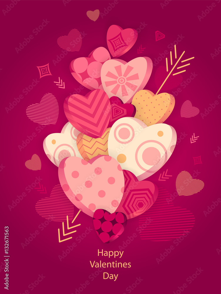 Textured Hearts with 3D effect and arrow on dark pink Textured Hearts with 3D effect and arrow on dark pink