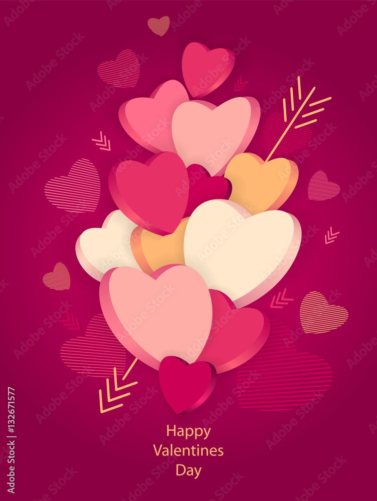Hearts with 3D effect and arrow on dark pink