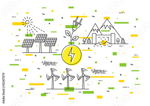 Alternative energy sources vector illustration. Wind electricity, air turbine, solar panel, sun electric station, hydro electrostation elements.
