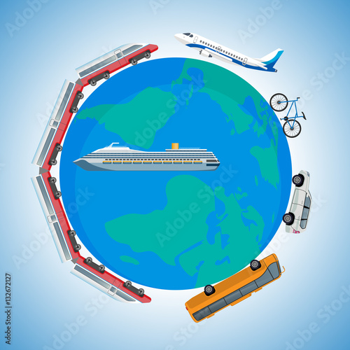 Cartoon fast kinds of transportation vehicles around Earth planet