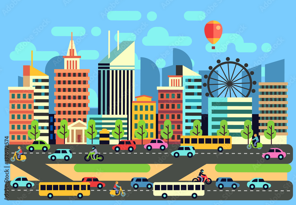 Urban, city traffic landscape with moving passenger transport vehicles, cars, scooter, motorcycle on highway vector illustration