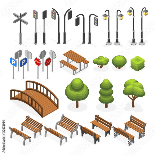 Urban city street miniature isometric vector objects, benches, trees, streetlight, seats, road signs