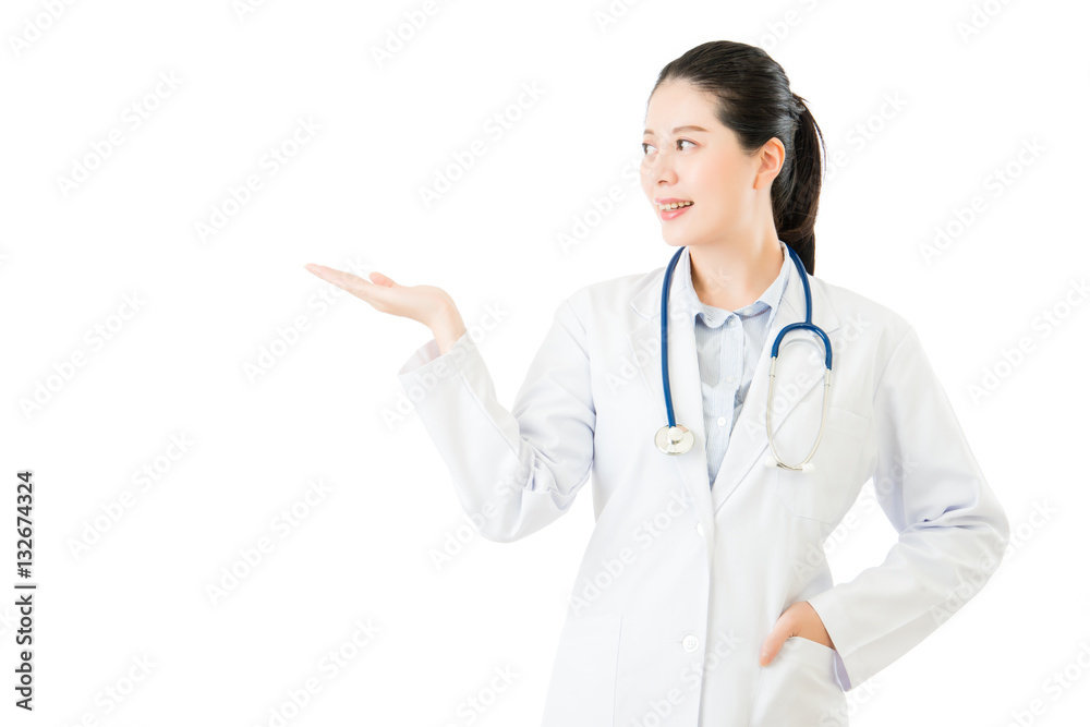 asian woman doctor with stethoscope hand display something asian woman doctor with stethoscope hand display something