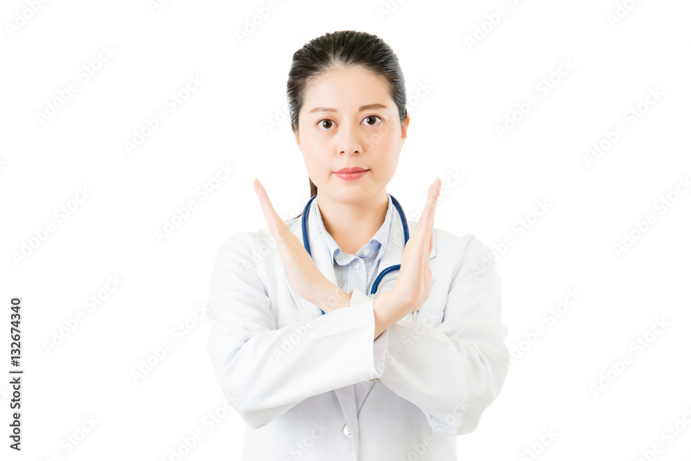 asian woman doctor with stethoscope show refuse stop gesture asian woman doctor with stethoscope show refuse stop gesture