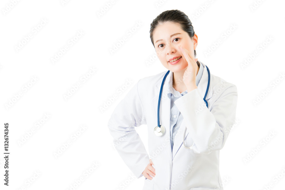 asian woman doctor with stethoscope hand tell shouting gesture asian woman doctor with stethoscope hand tell shouting gesture