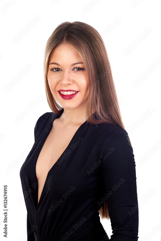 Stylish girl dressed in black with red lips