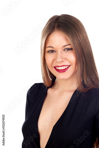 Stylish girl dressed in black with red lips