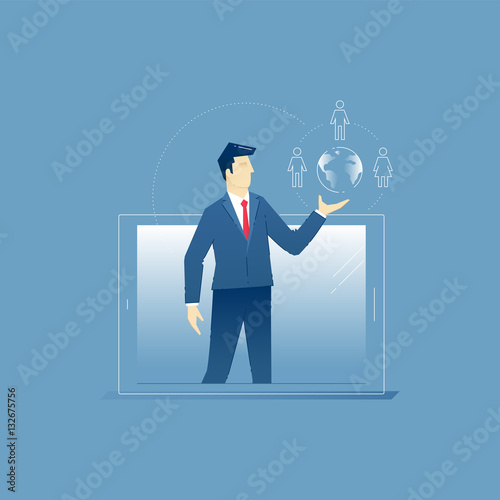 Businessman with globe shape protrudes from a tablet PC screen