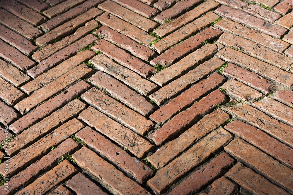 Herringbone pavement with old bricks in the Piazza del Campo. Siena, Tuscany, Italy