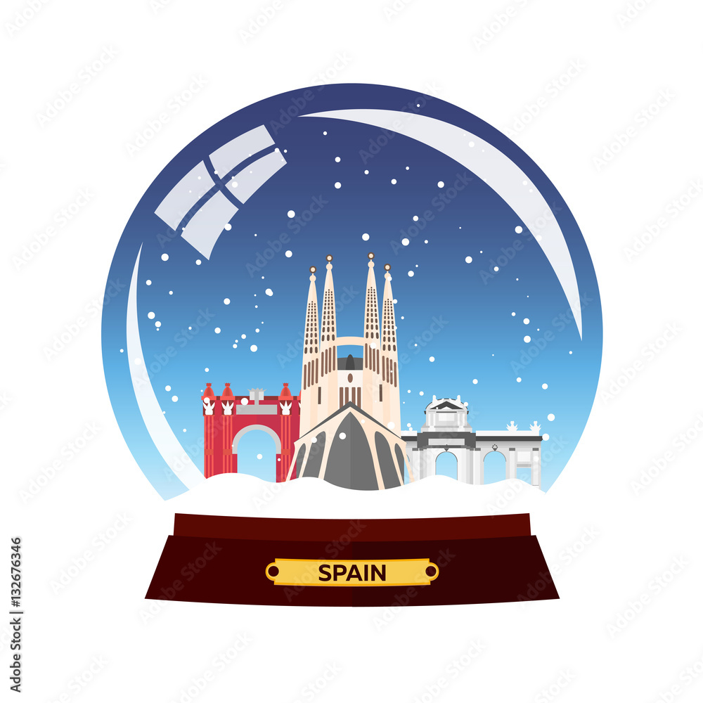 Snow globe city. Spain, Sagrada Familia. Winter travel vector.