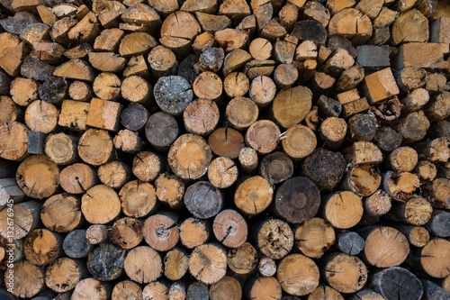 Chopped firewood  stacked woodfuel  fuelwood texture. Natural wooden background.
