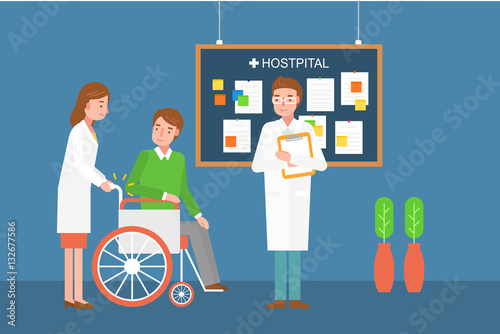 female doctor is pushing a patient's wheelchair. male doctor is looking at it