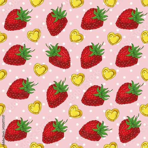 Fototapeta Naklejka Na Ścianę i Meble -  Seamless Pattern with Strawberries and Hearts