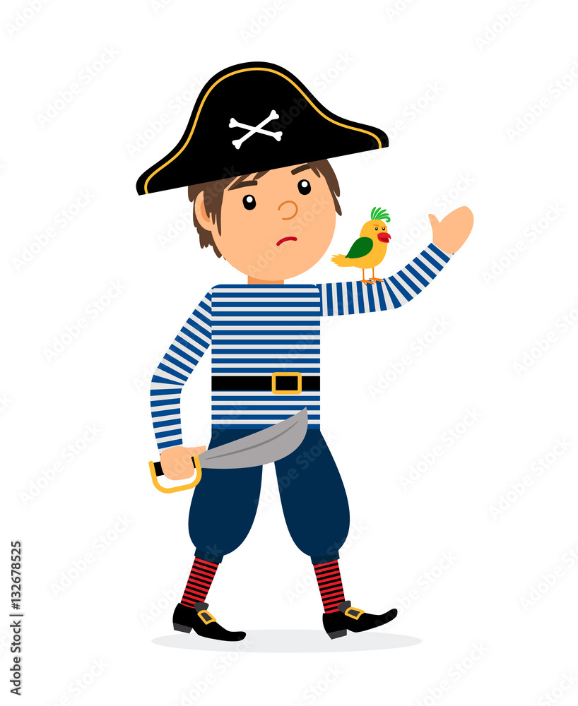 Pirate walking cartoon character with parrot and sword. Vector icon on white background Pirate walking cartoon character with parrot and sword. Vector icon on white background