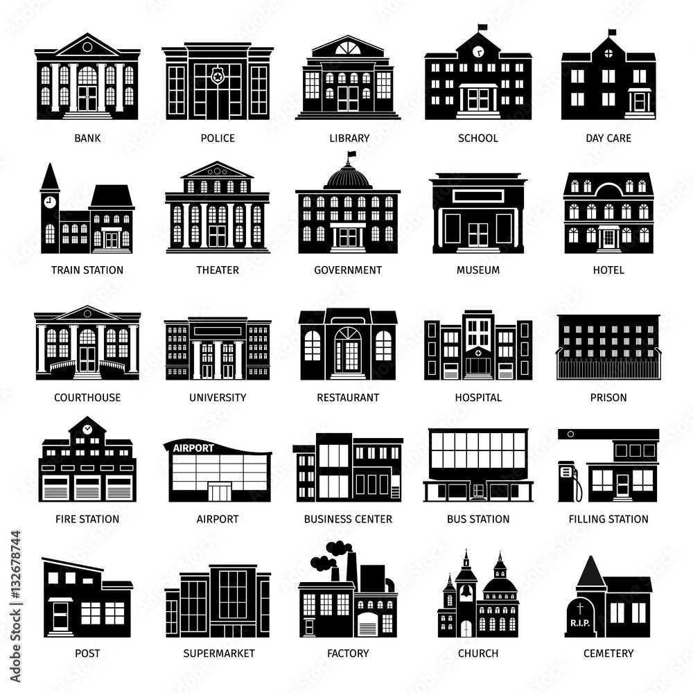 Government building black icons. City hospital and restaurant, university and museum buildings vector icon set