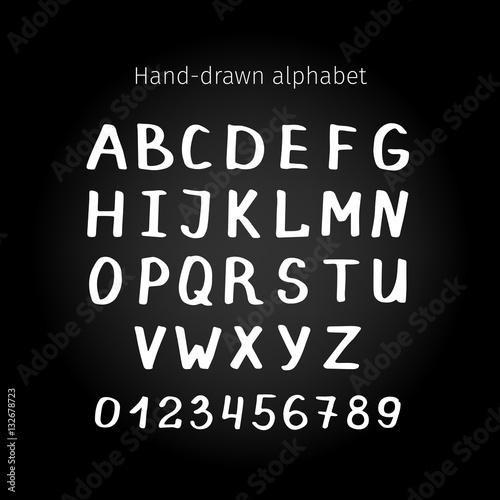 Vector hand drawn marker white letters and numbers on black background