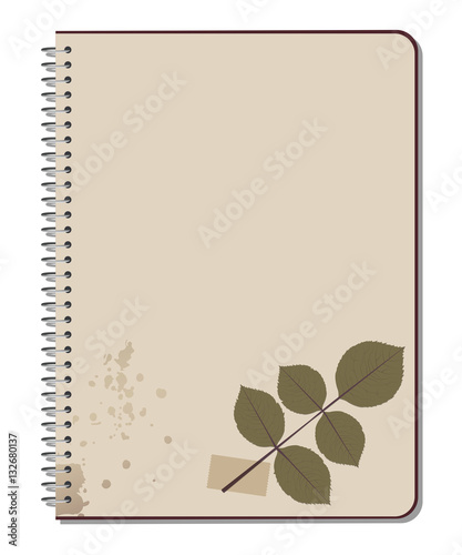 Rose bush leaves pressed on notebook. Scrap book. Vector Illustration