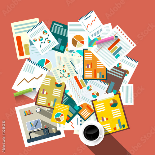 Flat Design Top View Paperwork Vector Illustration. Business Concept. Tax Forms, Success Graphs with Coffee.