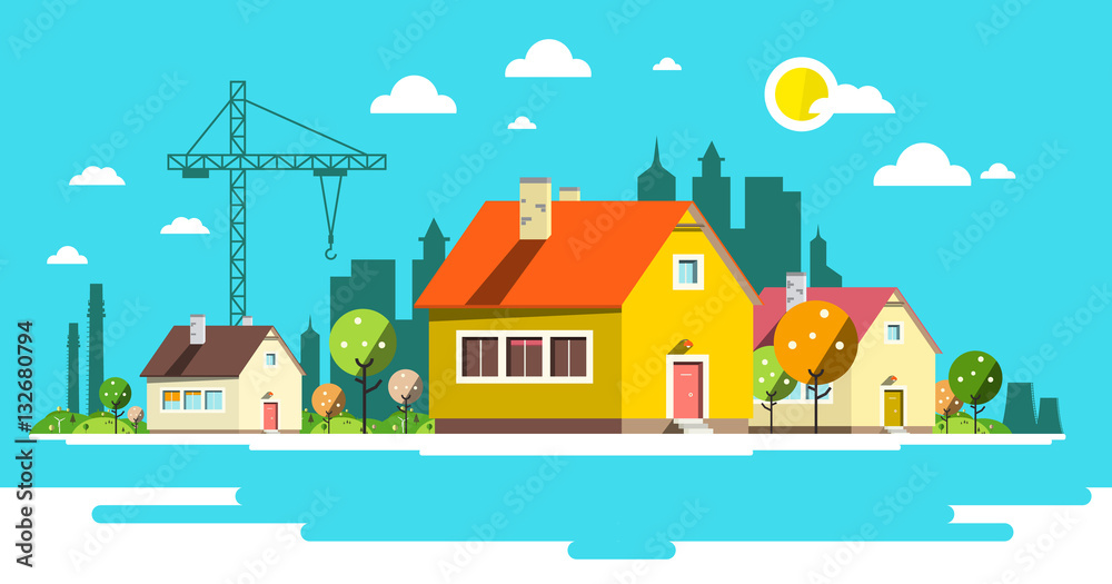 Landscape with Houses. Flat Design City.