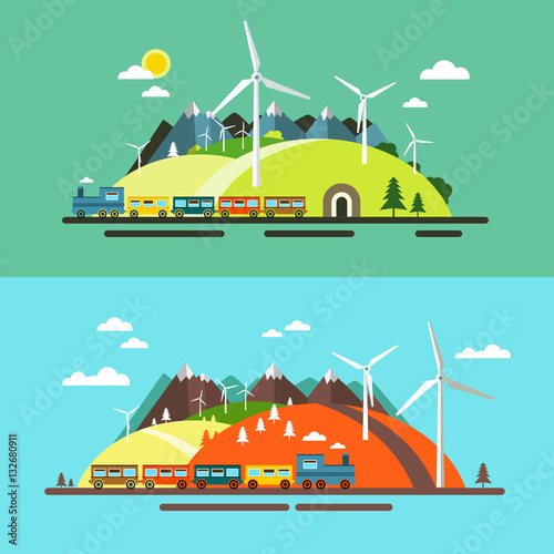 Landscape with Train. Abstract Flat Design Nature Scene with Mountains, Hills and Wind Mills