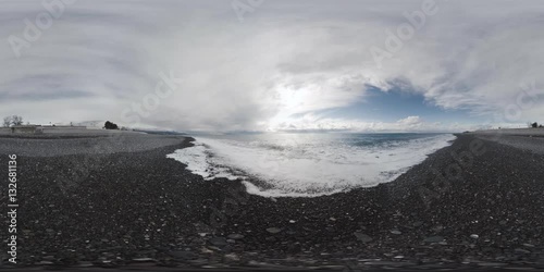 360 VR  Gloomy Day Sea Shore and Waves Dark Sky 4K