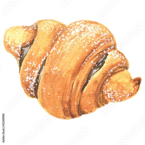 Hand drawn watercolor delicious croissant with chocolate, realistic food vector illustration, isolated on white background.
