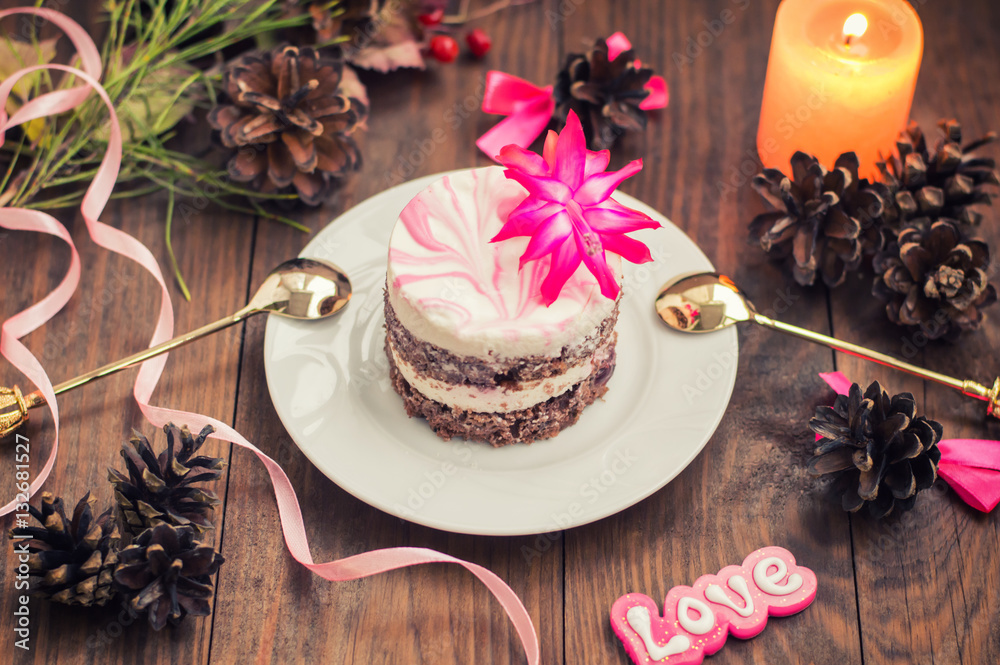 Cherry sponge cake with cream and red currant. Wooden background. Top view. Close-up Cherry sponge cake with cream and red currant. Wooden background. Top view. Close-up