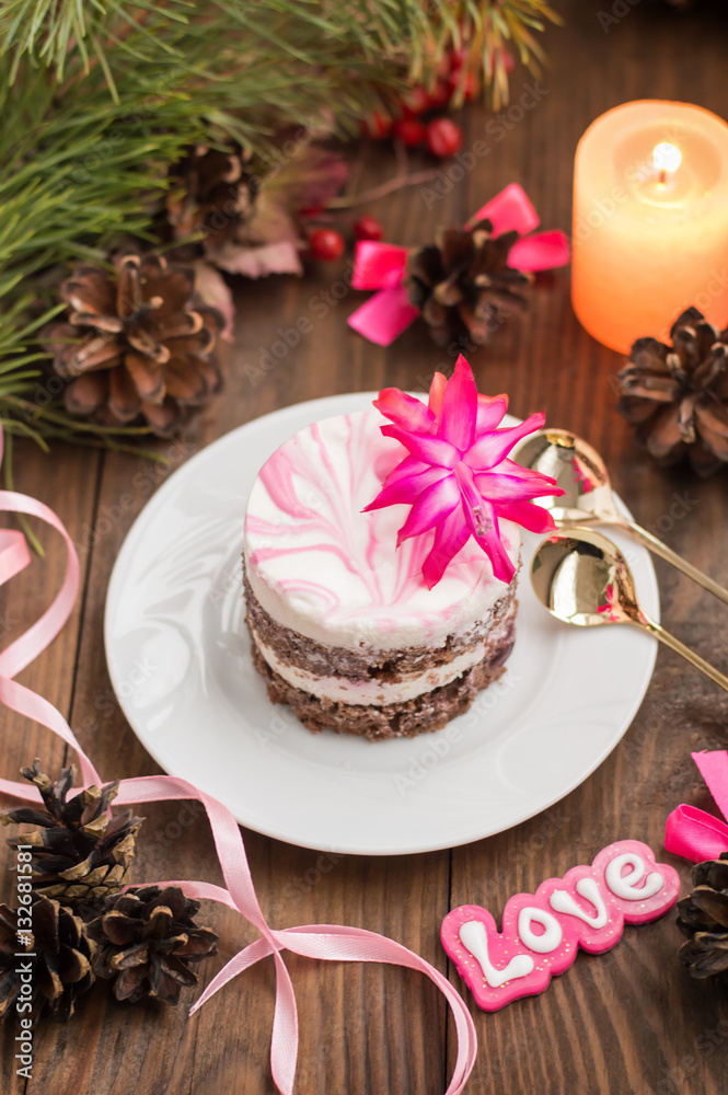 Cherry sponge cake with cream and red currant. Wooden background. Top view. Close-up Cherry sponge cake with cream and red currant. Wooden background. Top view. Close-up
