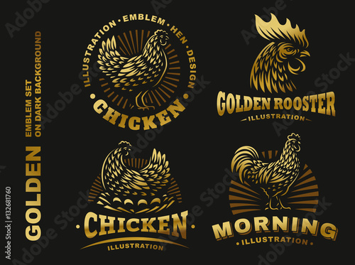 Set golden chicken emblem on dark background