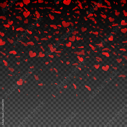 Transparent red falling hearts. Valentines Day design. Vector illustration