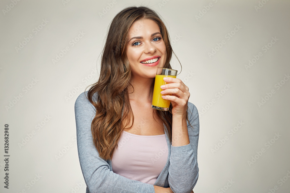 hapyy woman drink orange juice. girl with long hair hapyy woman drink orange juice. girl with long hair