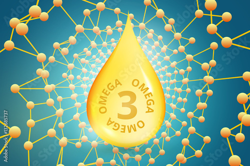 Gold drop of Omega 3. The natural fish-oil for health and protect the skin. Vector illustration