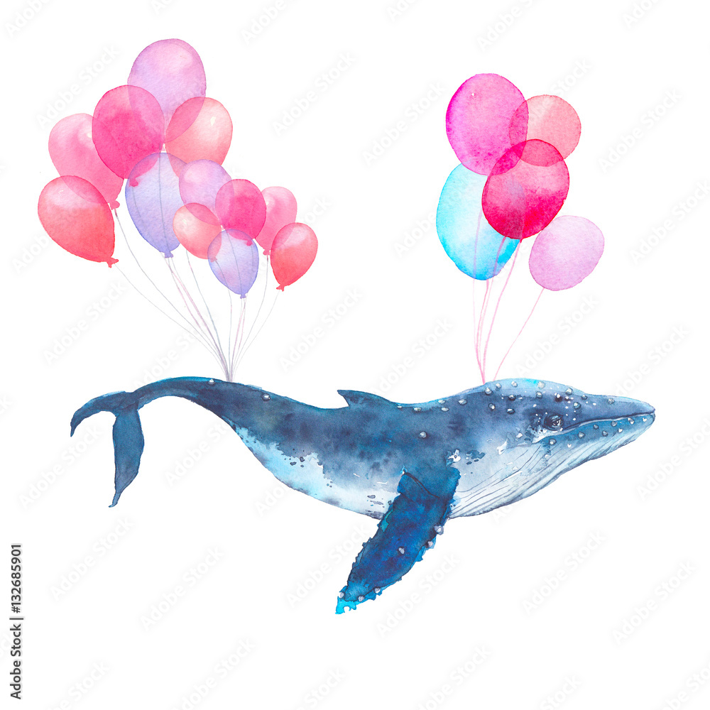 Obraz premium Watercolor blue whale flying on air balloons. Fairytale hand painted sea animal isolated on white background. Artistic print design